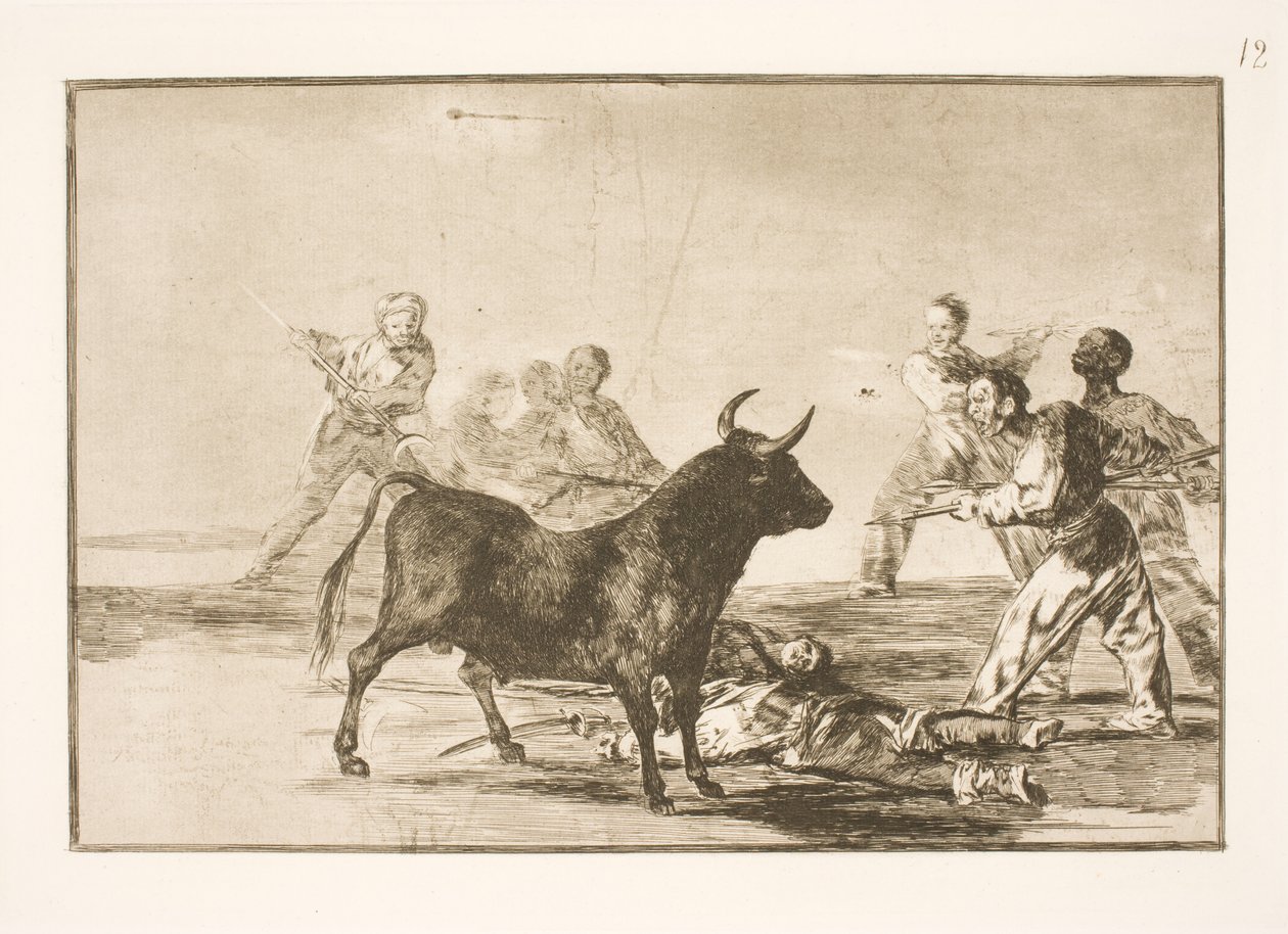 İnsanlar boğayı mızrak, fok, banderilla ve diğer silahlarla bıçaklıyor. by Francisco de Goya