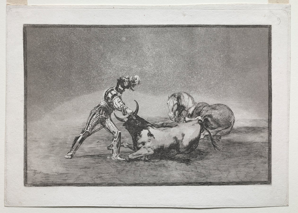 La Tauromaquia: Bir İspanyol Şövalyesi Atını Kaybettikten Sonra Boğayı Öldürüyor, 1815-1816. by Francisco de Goya