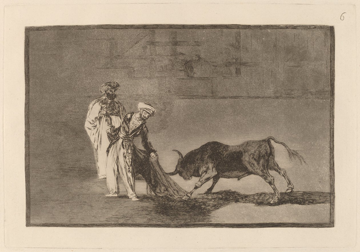 Los Moros hacen otro capeo en plaza con su albornoz (Moors, Burnous ile Boğayı Çağırarak Ringde Farklı Bir Oyun Oynar) by Francisco de Goya