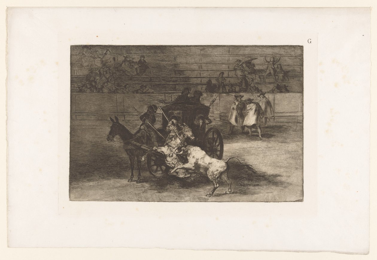 Erkekler bir arabadan bir boğaya saldırır Combat dans une voiture attelée de deux mulets Boğa Güreşi (dizi başlığı) La Taureaumachie (dizi adı) La Tauromaquia (dizi adı) by Francisco de Goya