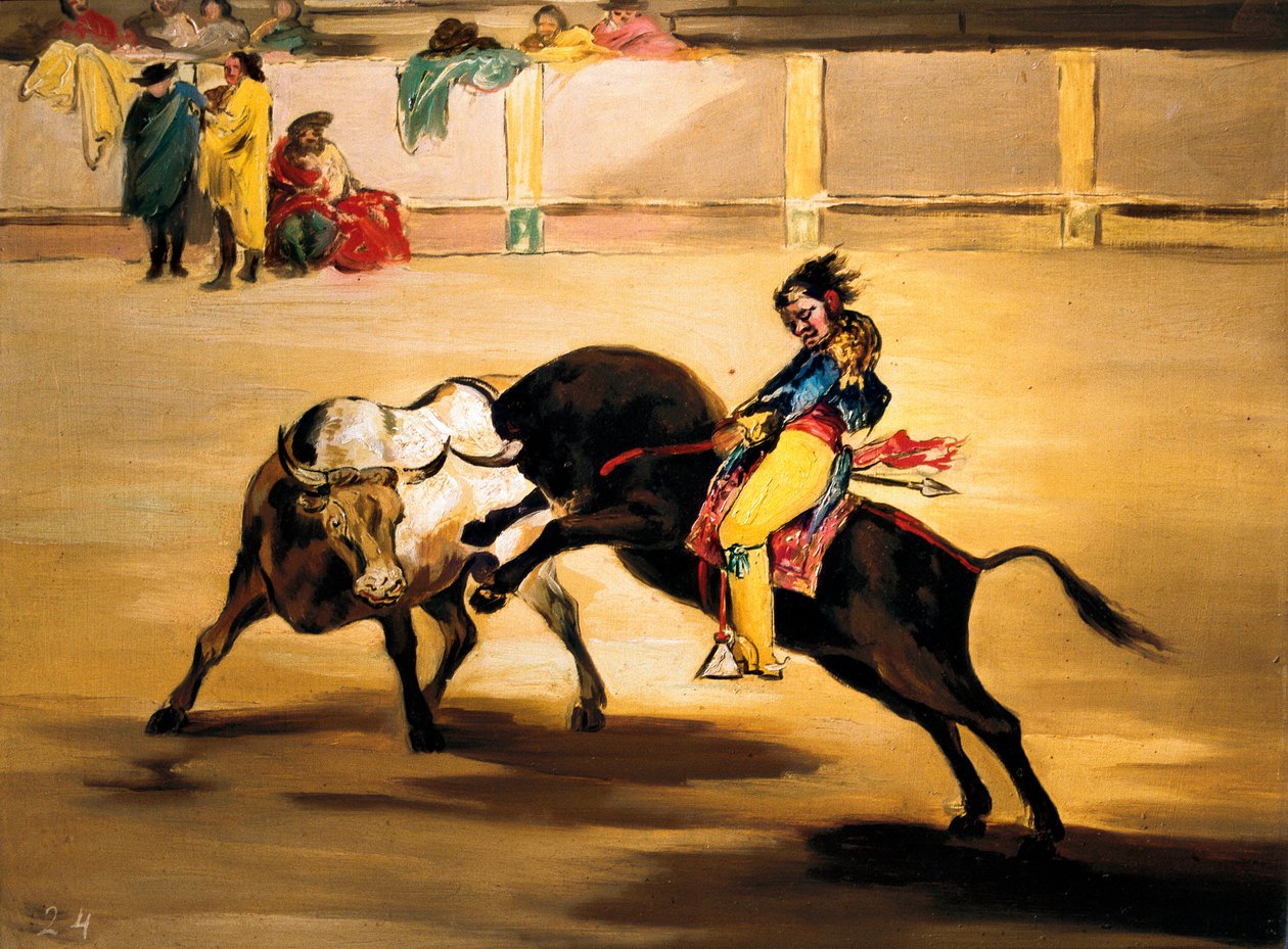 Bir boğanın sırtında "Kızılderili" olarak adlandırılan Mariano Ceballos, Madrid arenalarında turnasını kırar, c. 1810 (resim) by Francisco de Goya