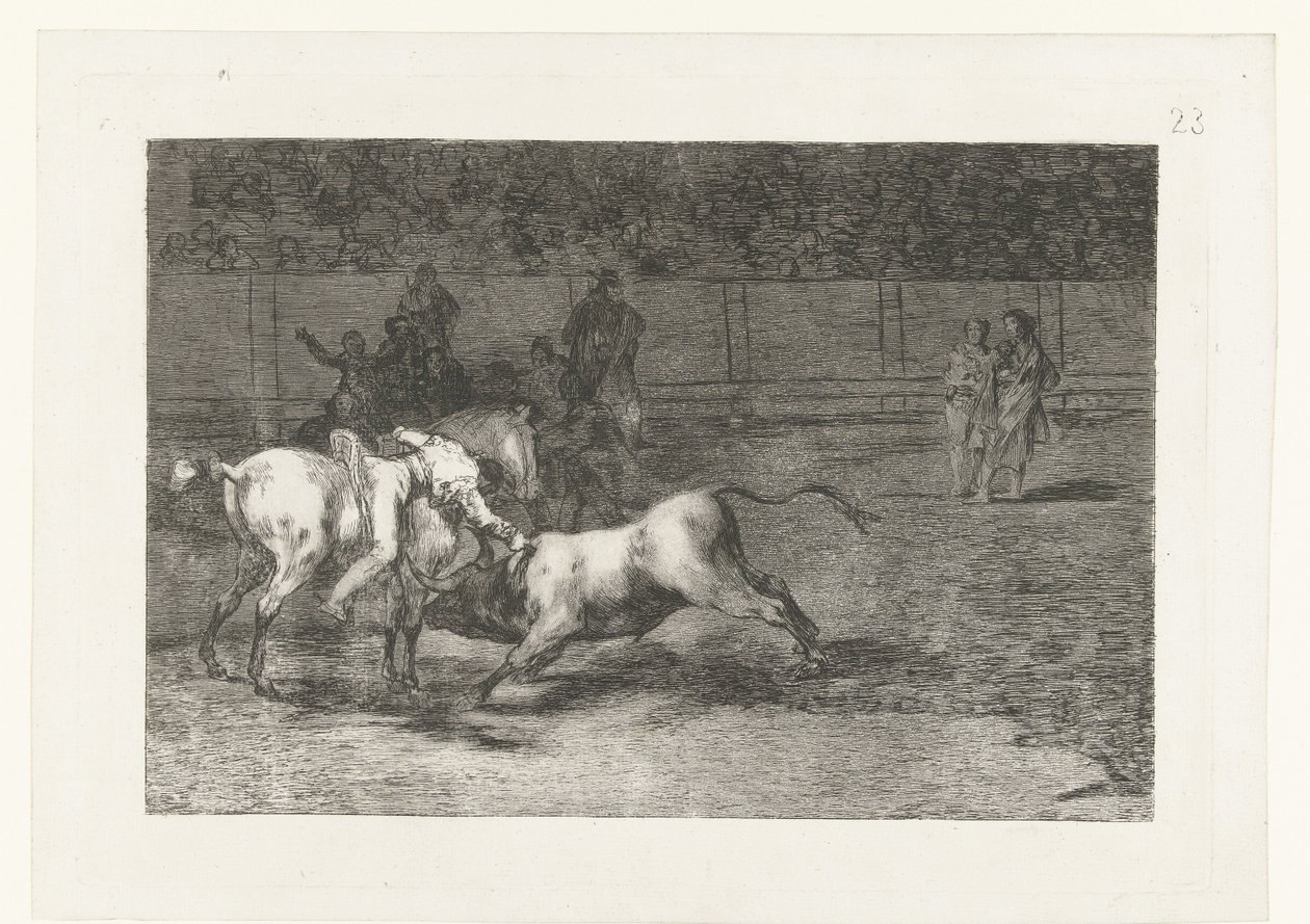 Mariano Ceballos daha önce El Indio takma adıyla Madriano Ceballos boğayı atından öldürdü Boğa Güreşi (dizi başlığı) Stierenvechten (dizi adı) by Francisco de Goya