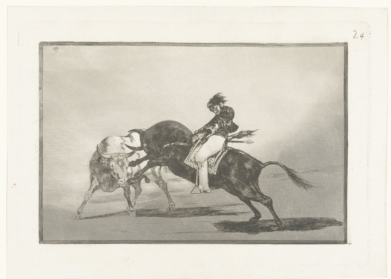 Mariano Ceballos, açık artırmada Aynı Ceballos başka bir boğaya binmiş Madrid meydanında rejones molaları Boğa Güreşi (dizi başlığı) Stierenvechten (dizi adı) by Francisco de Goya