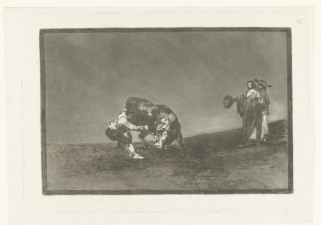 Martincho bir boğayı boynuzundan tutuyor El mismo vuelco en toro en la plaza de Madrid Boğa Güreşi (dizi başlığı) La Tauromaquia (dizi adı) by Francisco de Goya