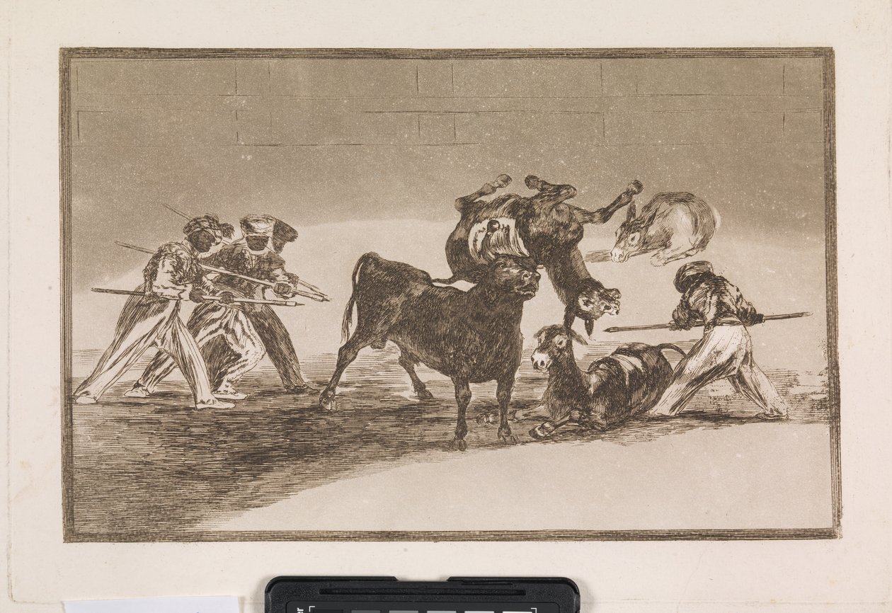 Moors, boynuzları mermilerle donatılmış boğaya karşı kendilerini savunmak için eşekleri bir bariyer olarak kullanıyor by Francisco de Goya