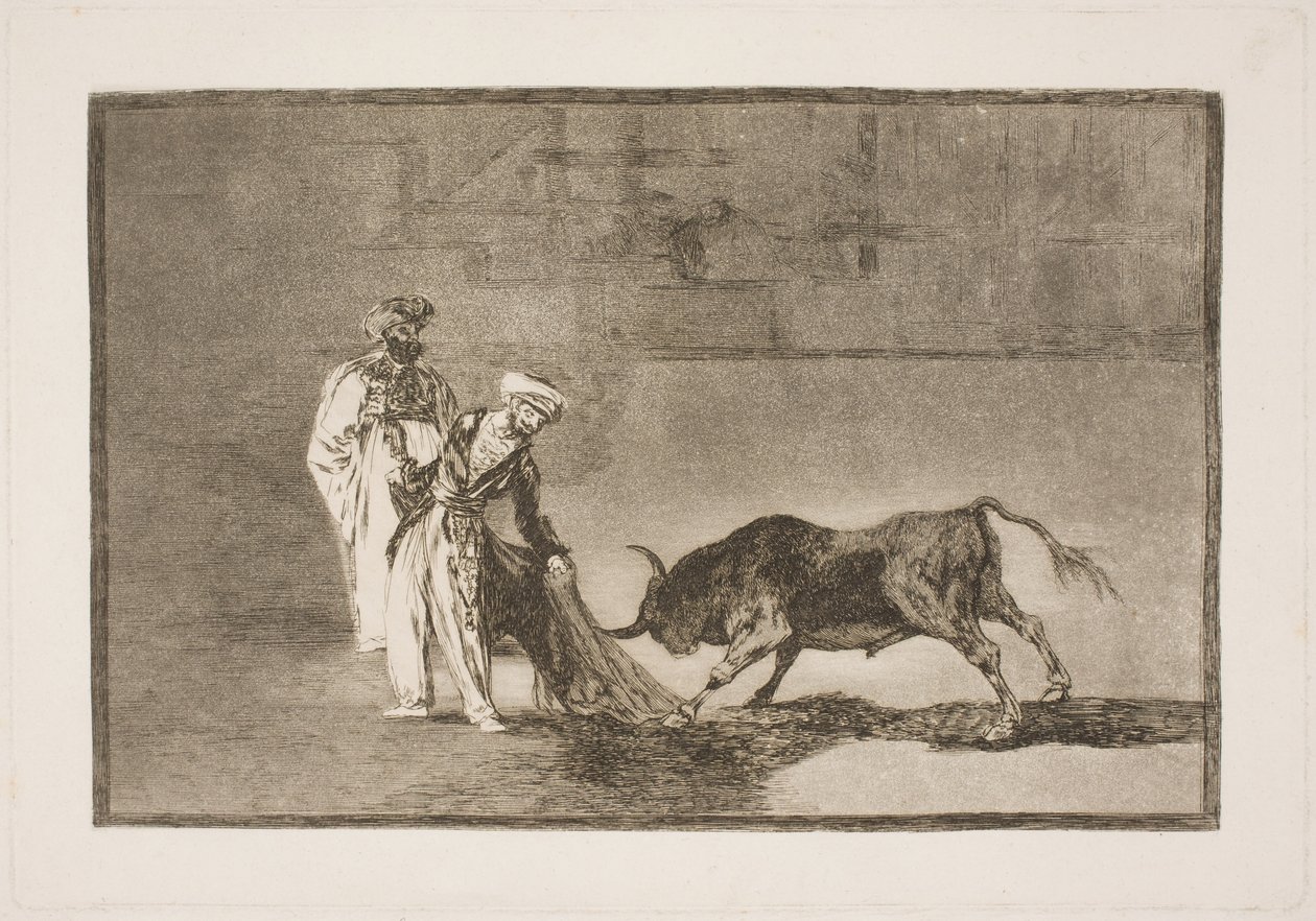 Arenadaki Moors, burunlarını kullanarak boğayı cezbetmek için çaba sarf ediyor by Francisco de Goya