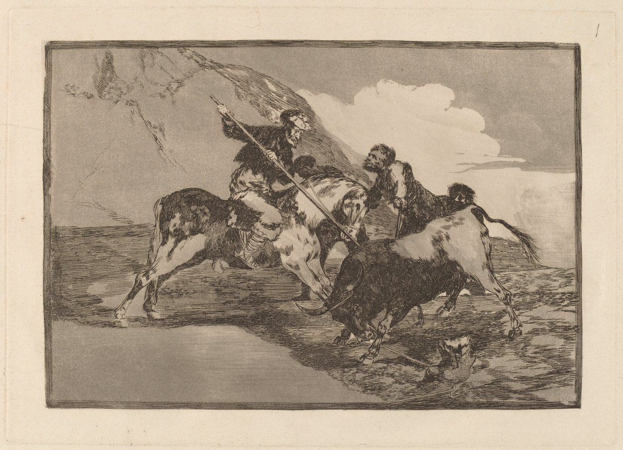 Eski İspanyolların tarlada at sırtında boğa avlama şekli (Eski İspanyolların Açık Kırlarda At Sırtında Boğa Avlama Yolu) by Francisco de Goya