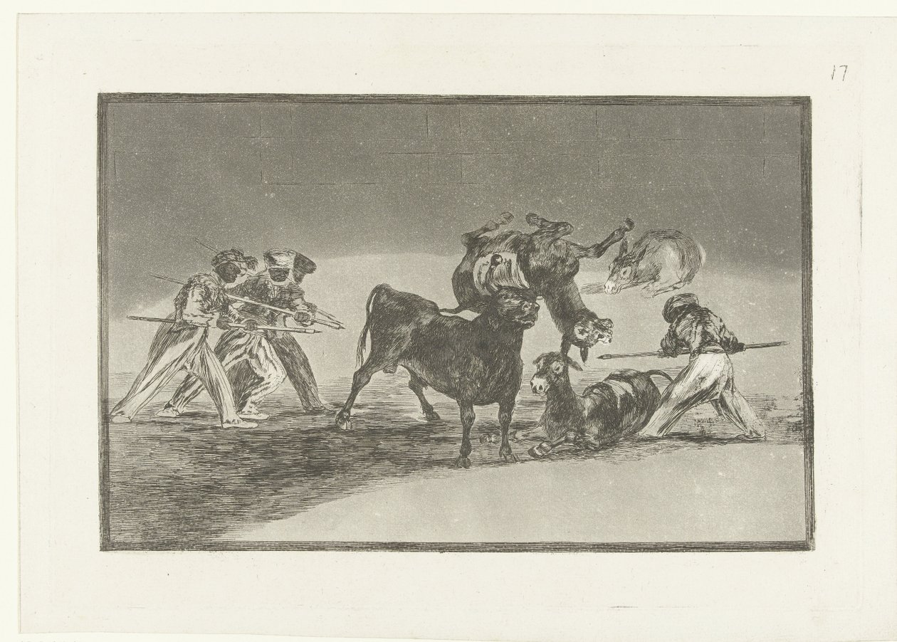 Bir boğayla savaşan Moors ve eşekler Palenque de los Moros hecho con burros para defans del toro embolado La Tauromaquia (dizi adı) Boğa Güreşi (dizi başlığı) by Francisco de Goya
