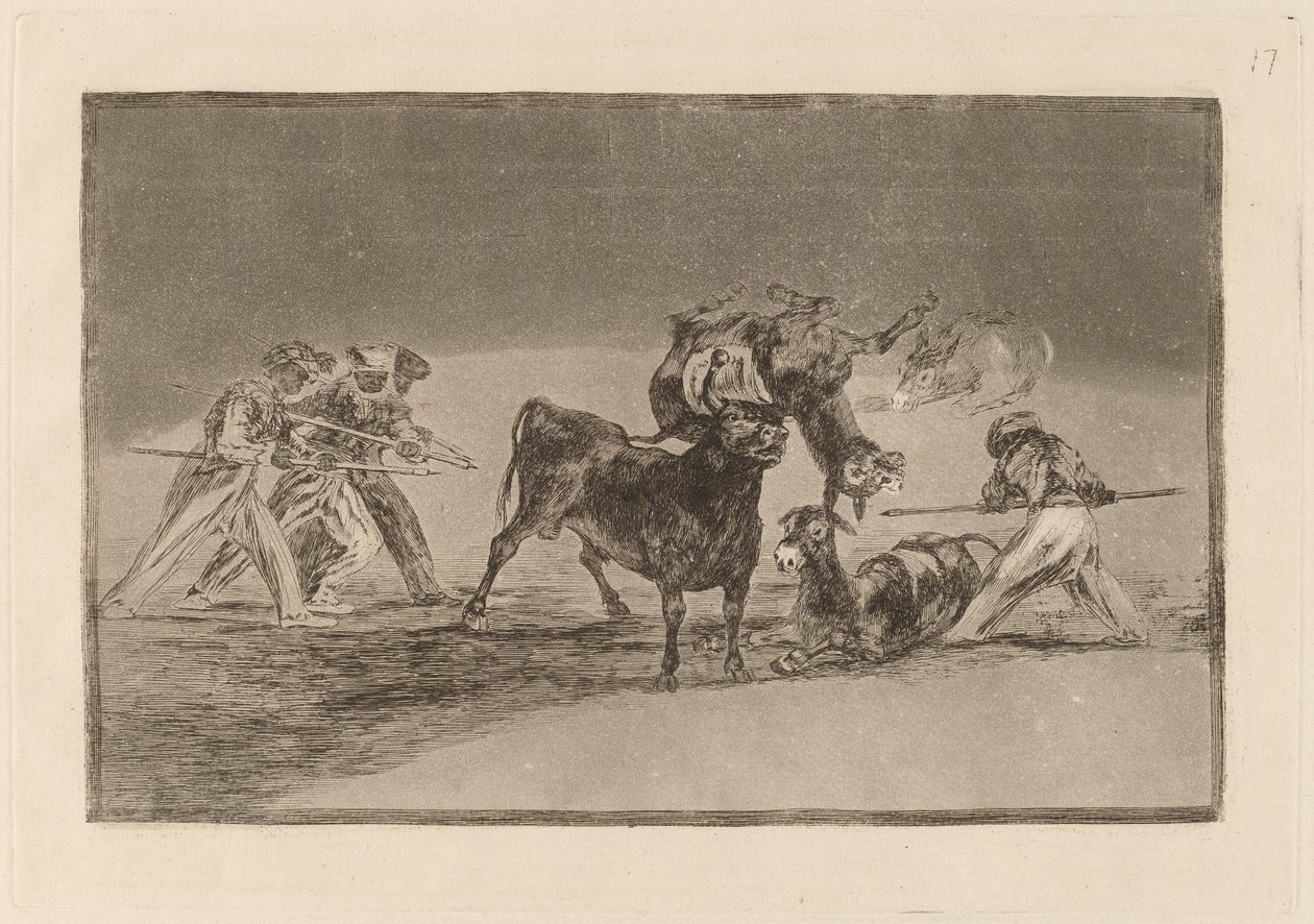 Palenque de los moros hecho con burros para defenderse del toro embolado (Moors, Boynuzları Toplarla Devrilen Boğaya Karşı Kendilerini Savunmak İçin Eşekleri Bariyer Olarak Kullanır) by Francisco de Goya