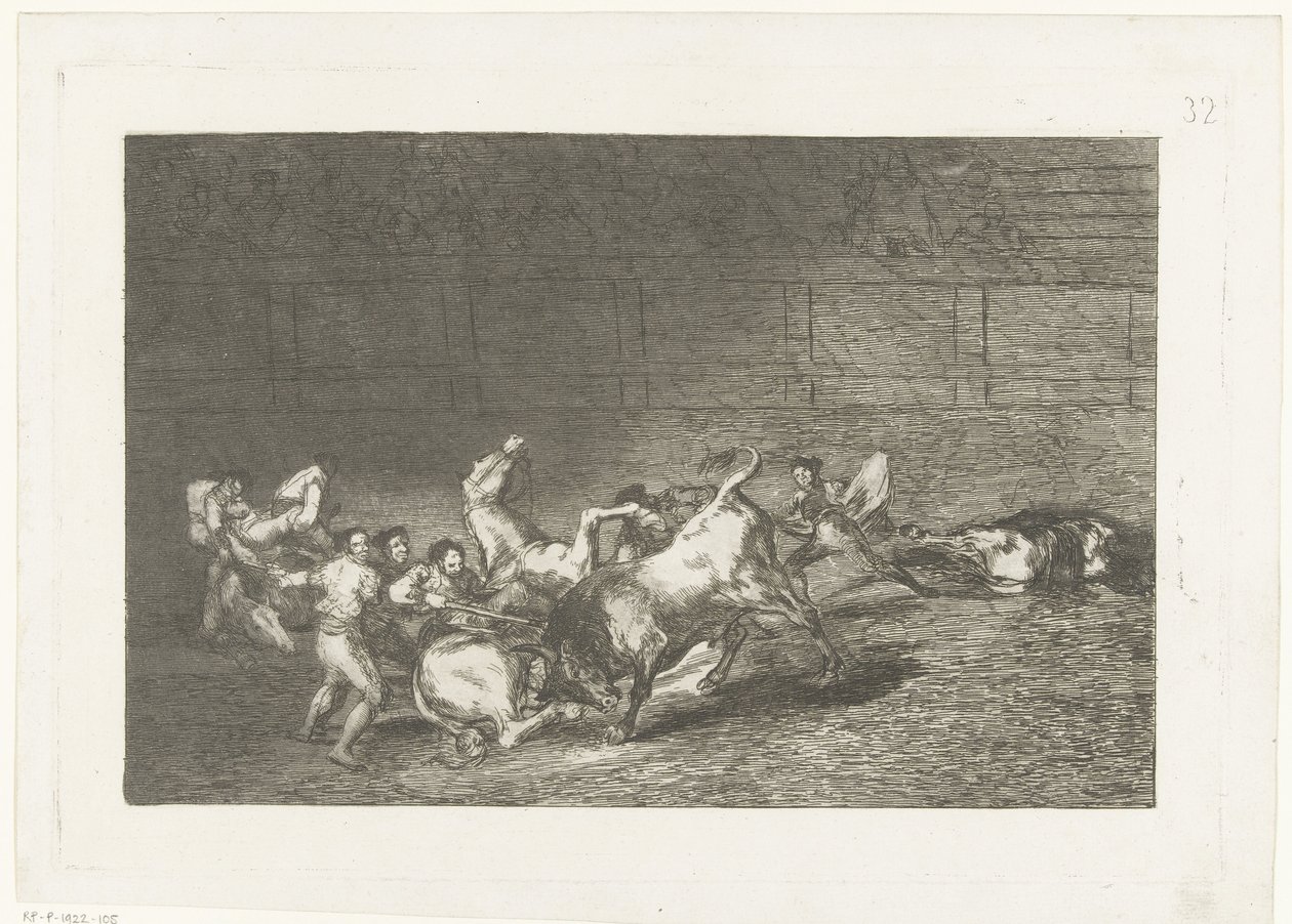 Tek bir boğa tarafından ezilen iki grup pikador La Tauromaquia (dizi başlığı) Stierenvechten (dizi başlığı) by Francisco de Goya