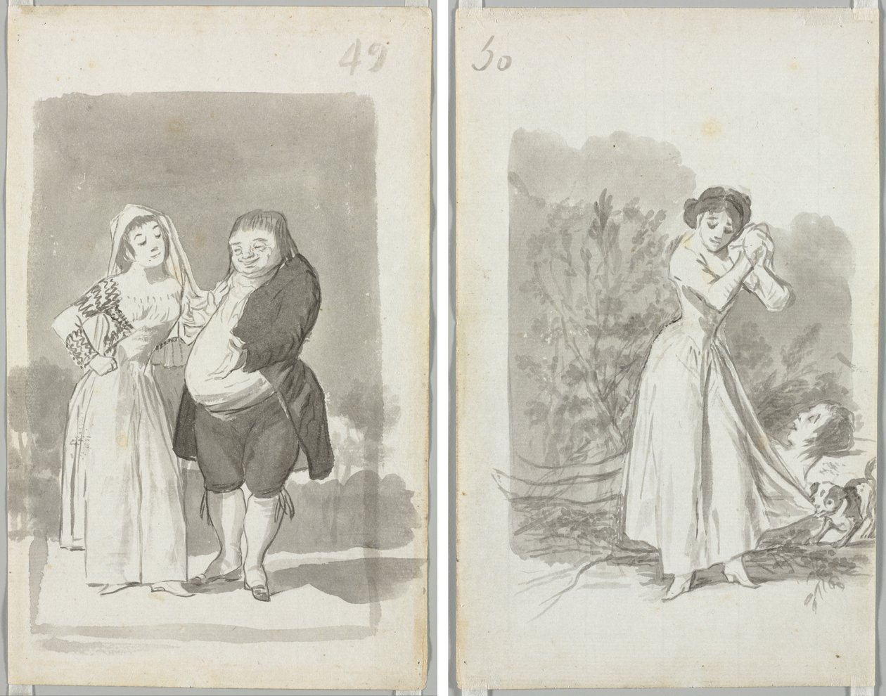 Fahişe Şişman, Çirkin Bir Adam (rekto); Ellerini Bir Adamın Çıplak Vücuduna Sıkan Genç Kadın (versi) by Francisco de Goya