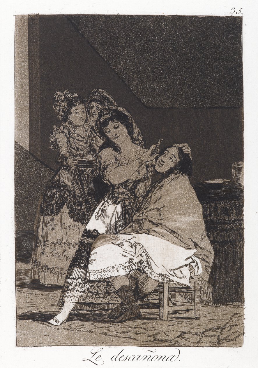 She Fleeces Him (Le descanona), Los Caprichos, levha 35, c.1797-98 (kağıt üzerine gravür ve aquatint) by Francisco de Goya