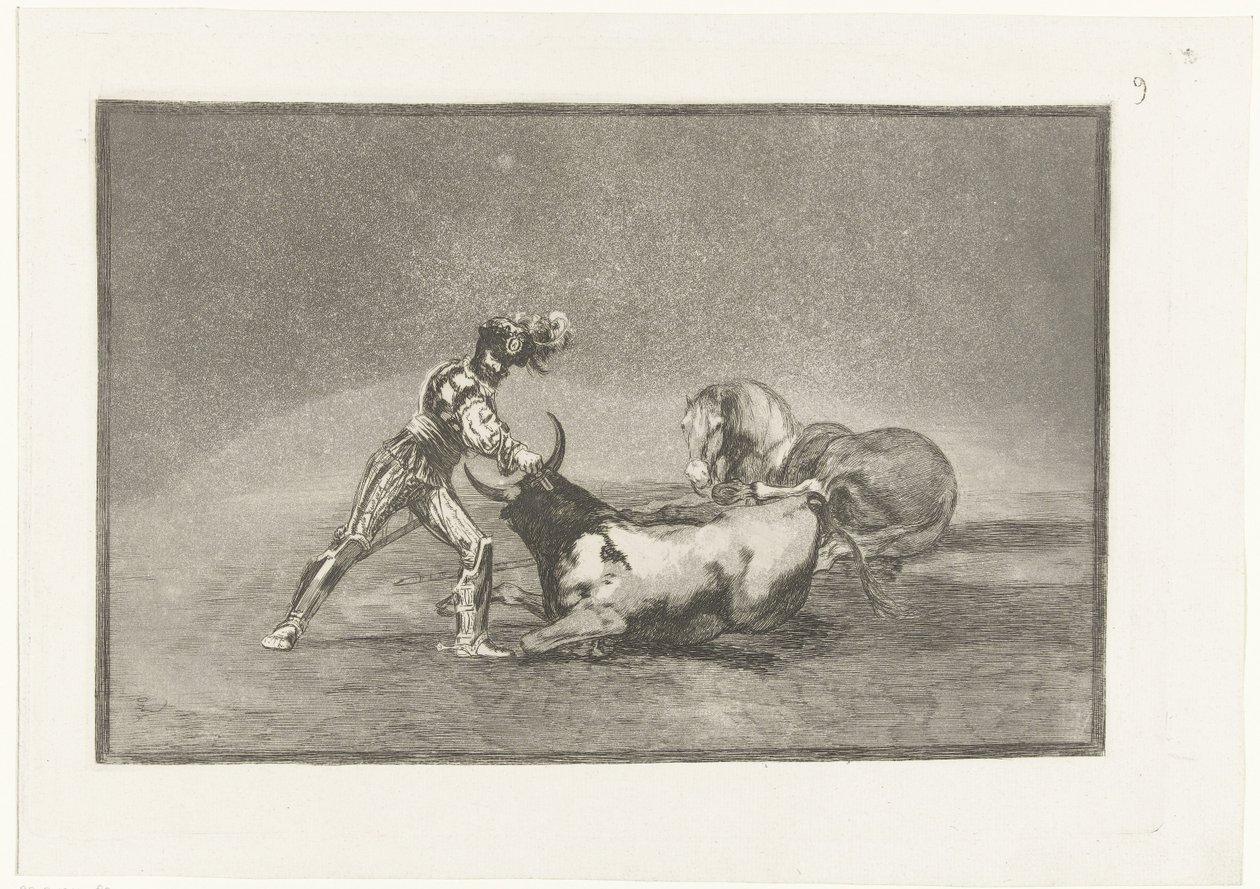 Stier üzerinde geniş binici doody Bir İspanyol şövalyesi atını kaybettikten sonra bir boğayı öldürdü Stierenvechten (dizi adı) Boğa Güreşi (dizi başlığı) by Francisco de Goya