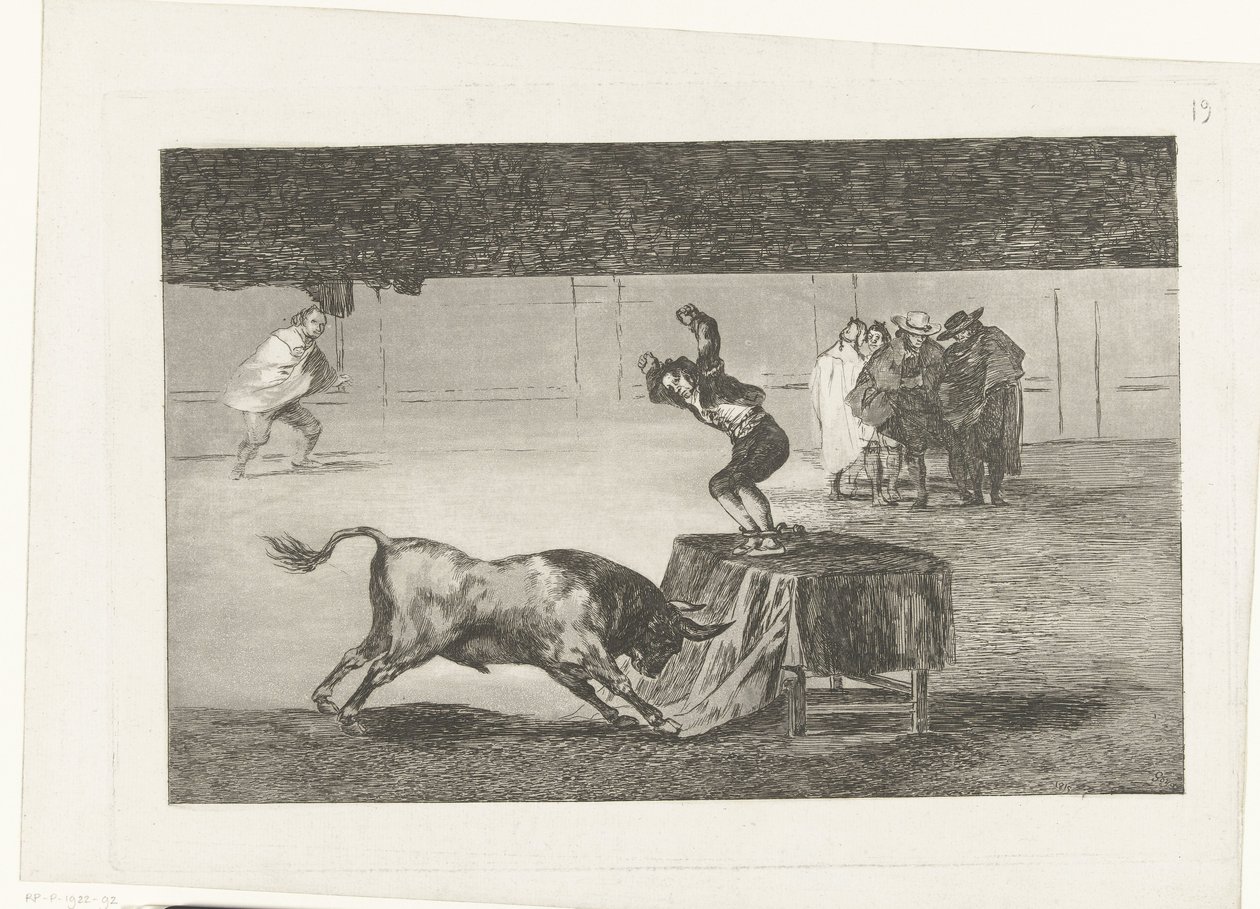 Bir arenada bir masanın üzerinde duran boğa güreşçisi Otra locura suya ve la misma plaza La Tauromaquia (dizi adı) Boğa Güreşi (dizi başlığı) by Francisco de Goya