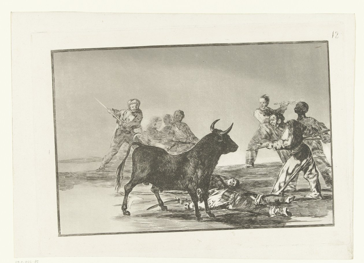 Stierenvechters rondom een stier Mızraklı alçakların Hock'u. hilaller, banderillalar ve diğer silahlar Stierenvechten (seri adı) La Tauromaquia (seri adı) by Francisco de Goya