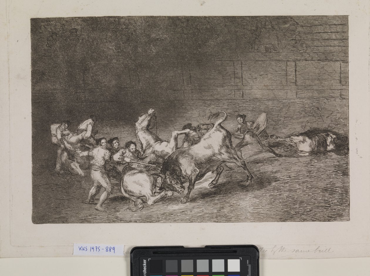 İki pikador takımı birbiri ardına tek bir boğa tarafından devrildi by Francisco de Goya