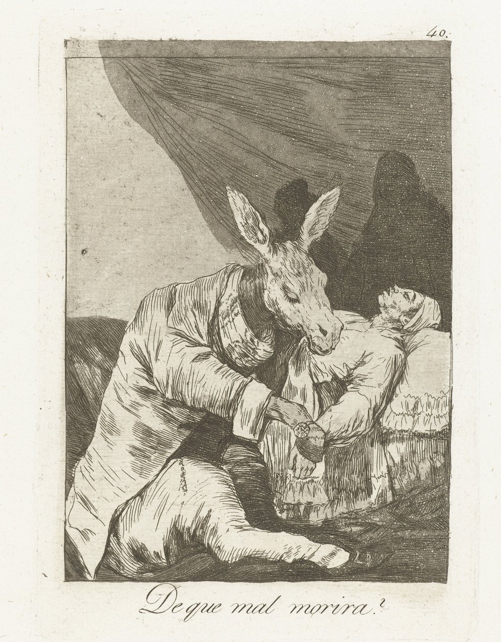 Neyden ölecek? Que mal morira mı? (nesne üzerindeki başlık) Los Caprichos (dizi adı) by Francisco de Goya