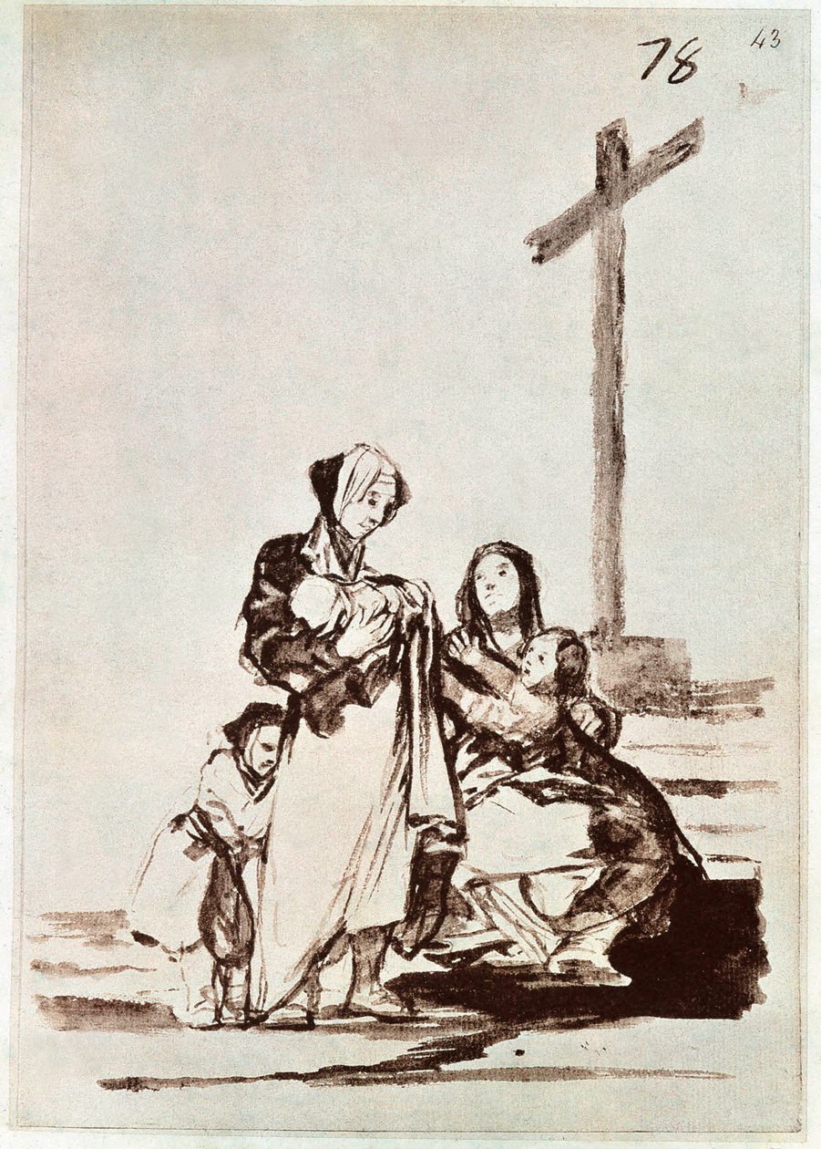 Kadınlar ve çocuklar bir haçın yanında (gravür) by Francisco de Goya