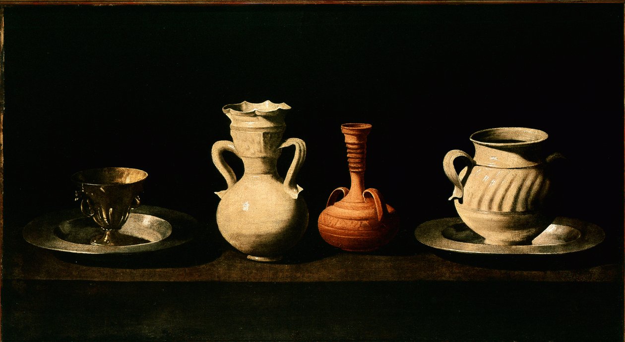 Natürmort Sürahiler, tencere. Francisco de Zurbaran (1598-1664) 1633 Güneş tarafından boyama. 46x84 cm Madrid, Prado Müzesi by Francisco de Zurbaran