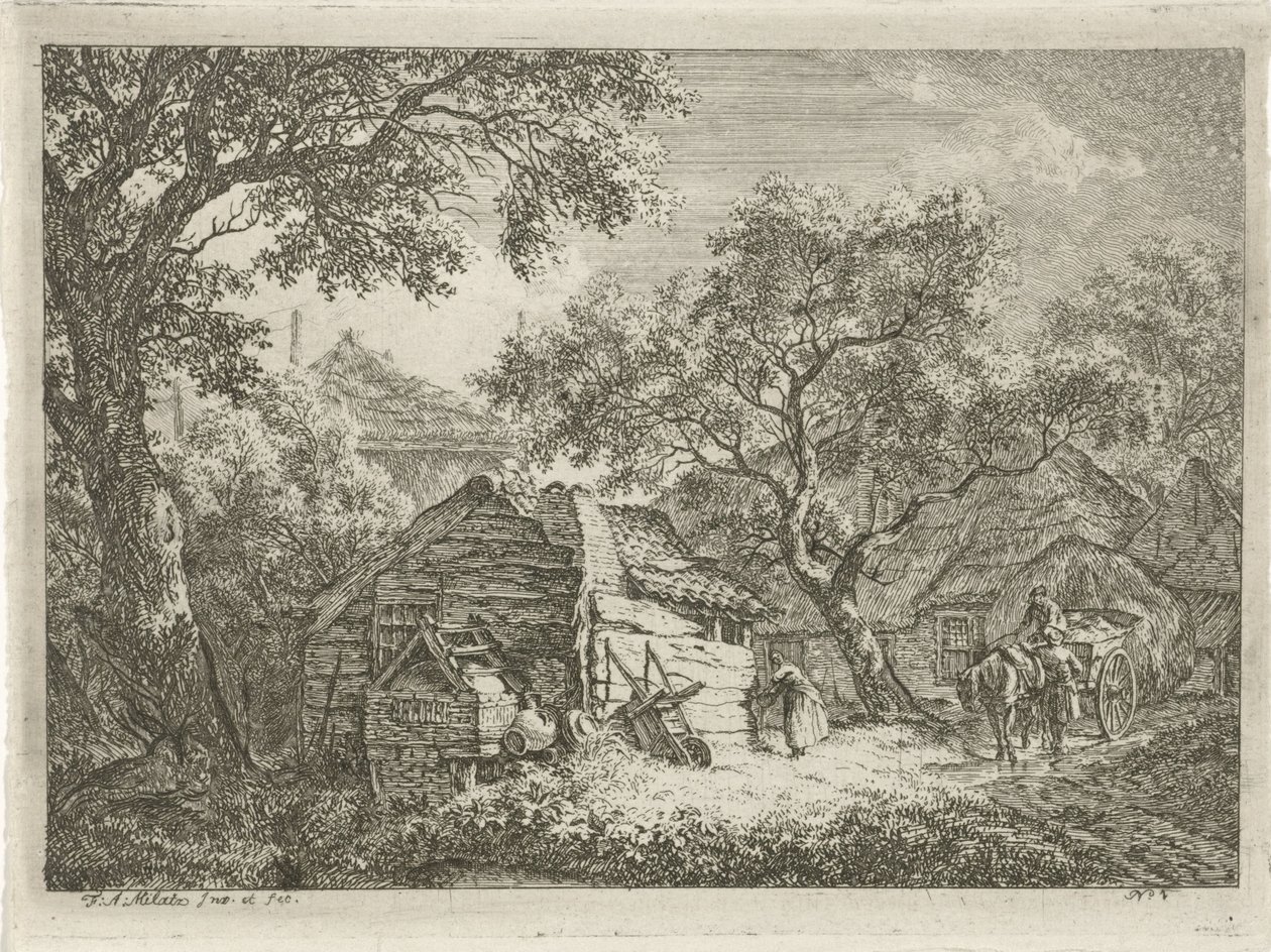 Ağaçlarla çevrili çiftlik Ağaçlarla dolu manzaralar (dizi başlığı) by Franciscus Andreas Milatz