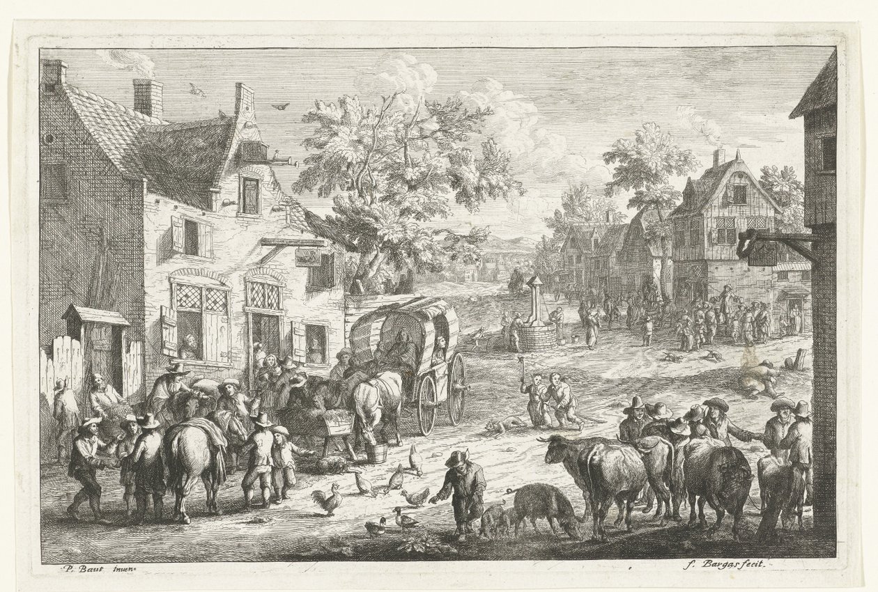 Handaki gezginler ve sığır tüccarları ile köy manzarası by Franciscus de Bargas
