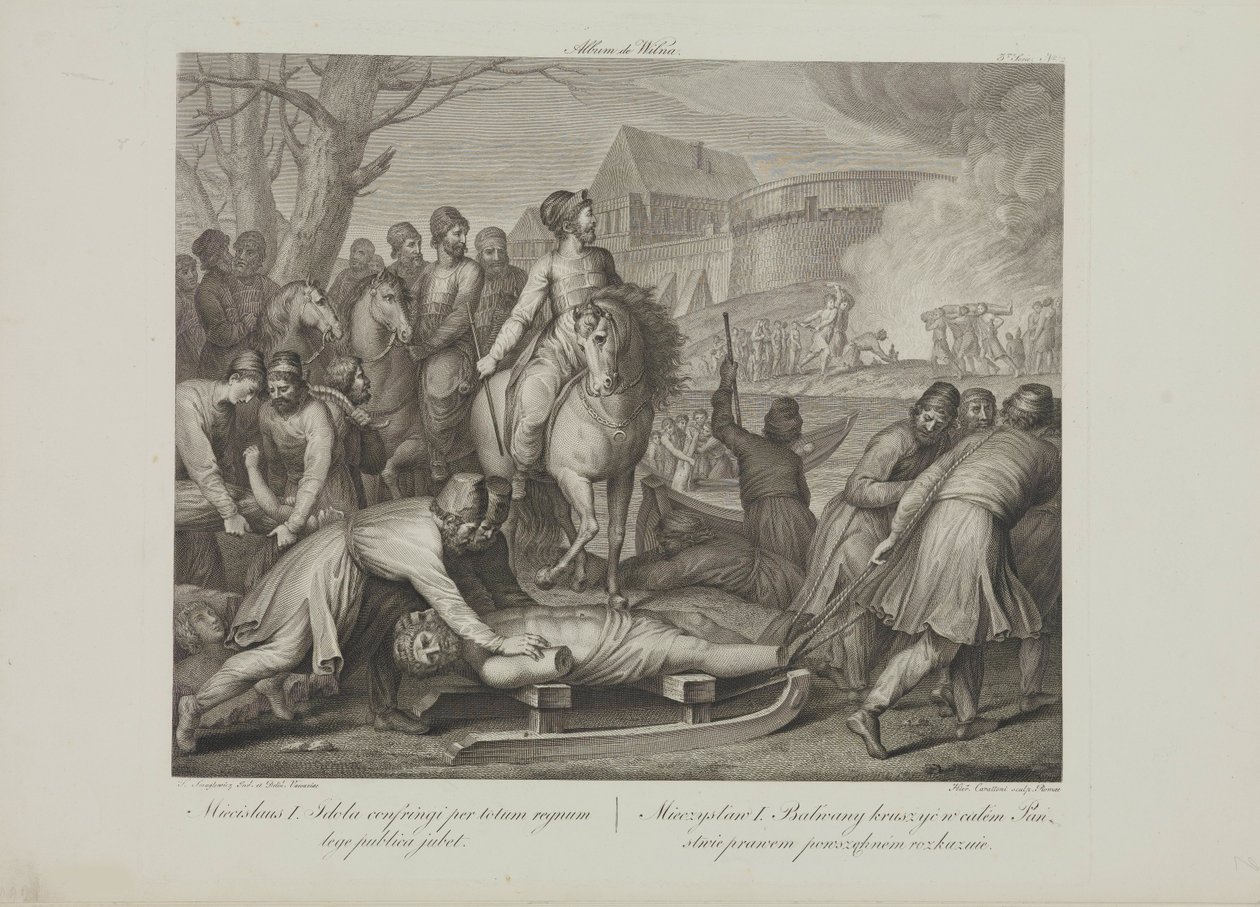 Pagan tanrılarının Polonya kralı I. Mieszko tarafından Smuglewicz, Franciszek (1745-1807) tarafından yok edilmesi. Litografi, 18. Yüzyıl Sonu.. Özel Koleksiyon by Franciszek Smuglewicz