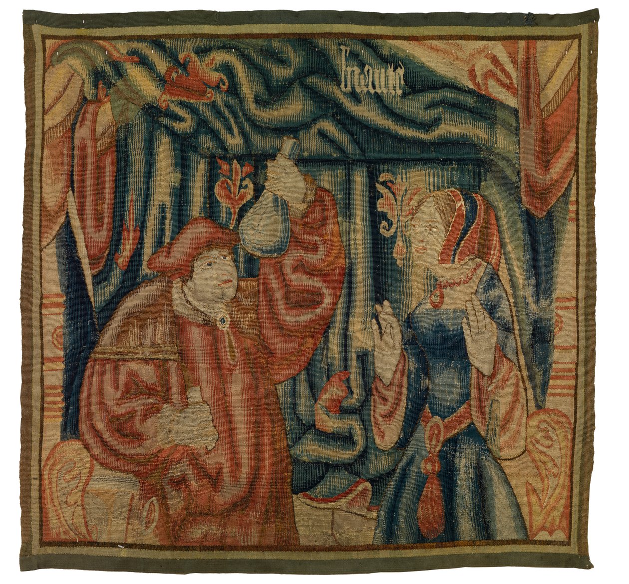 16. yüzyılın başlarında yapılmış, Beaute, Fransız veya Flaman, doktor ve kadınla bir iç mekanı tasvir eden duvar halısı parçası (yün) by Franco Flemish School