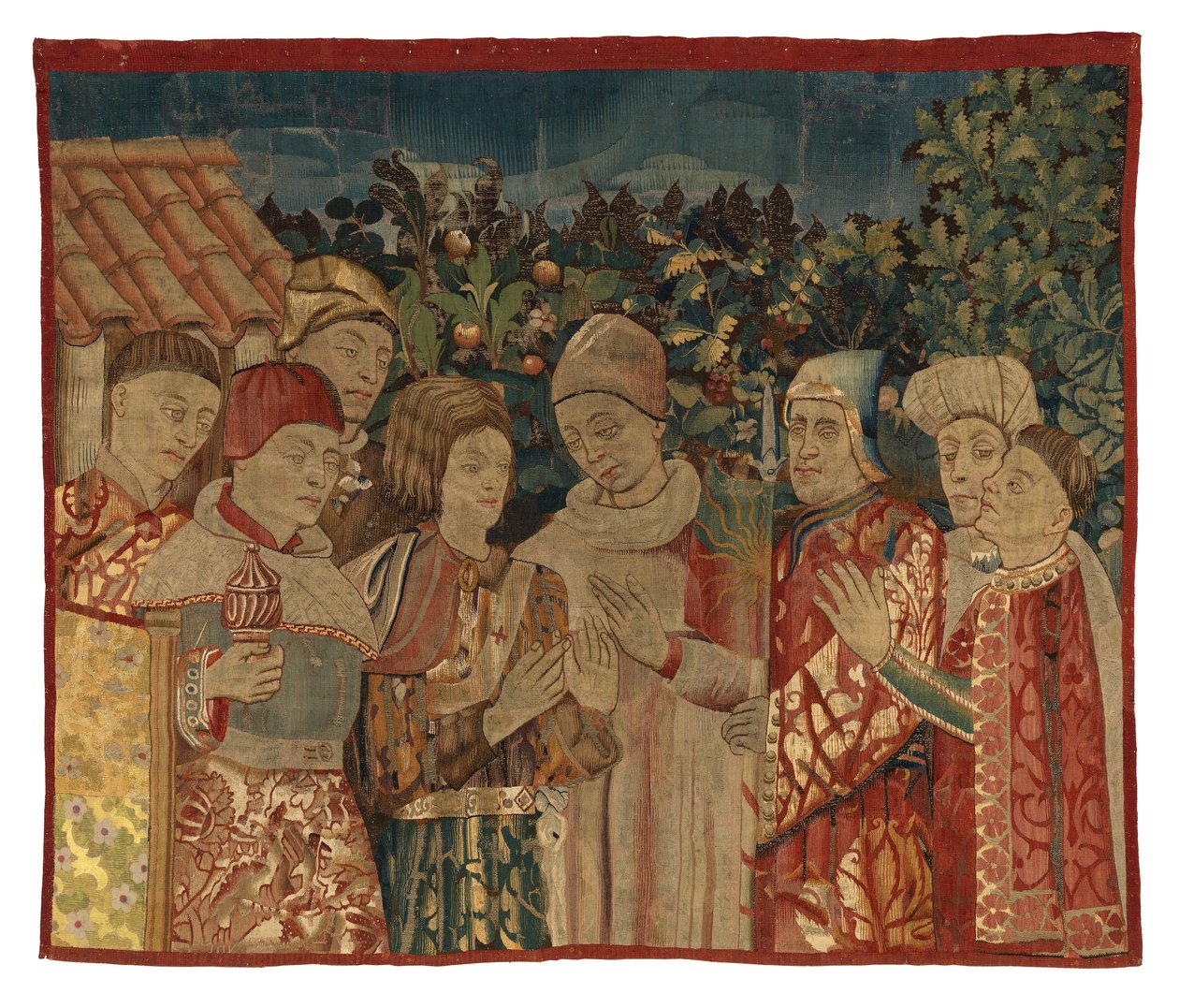 Sekiz figürlü, kimliği belirlenemeyen duvar halısı parçası, Muhtemelen bir Tartışma, 15. yüzyılın 2. yarısı (yün) by Franco Flemish School