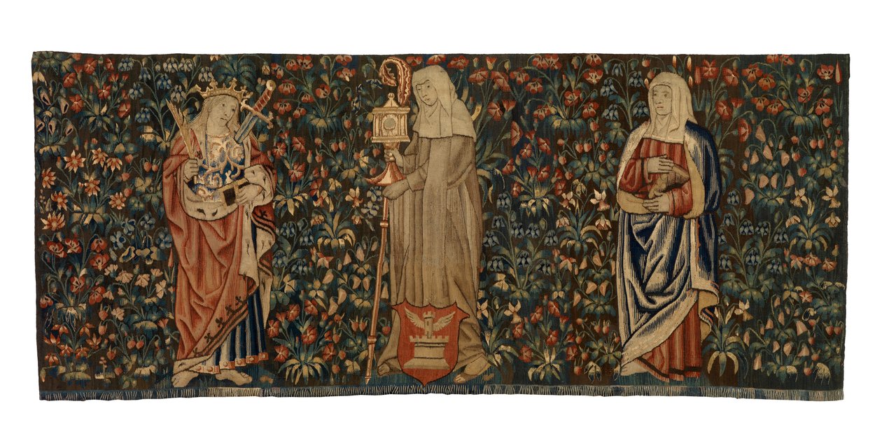 Mille fleurs duvar halısı, sunak cephesi, üç azizin, St Anne, St Clare ve St Euphemia'nın tasvir edildiği, 1500 dolaylarında yapılmış, Fransız veya Flaman (yün) by Franco Flemish School