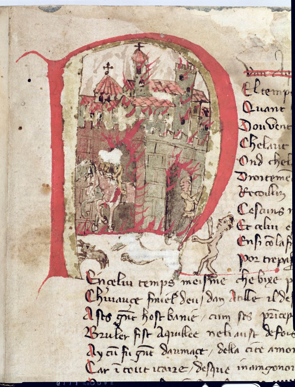 Bayan Est 27 W 8.17 f.1r Nicola da Casola tarafından Attila Savaşı'ndan Aquila şehrini yakan Hun Attila'yı (c.406-453) betimleyen tarihi ilk betimleme by Franco Italian School