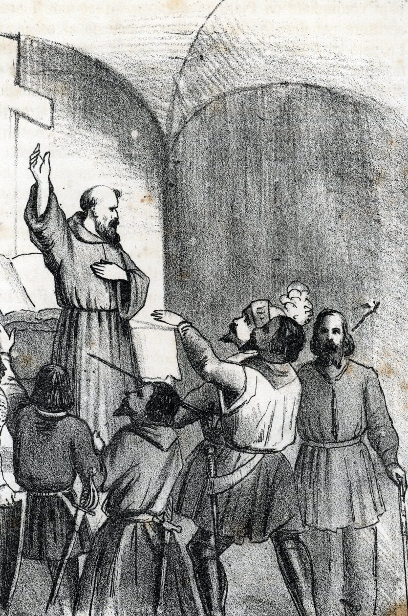 Dördüncü Venedik-Osmanlı Savaşı: Kilise, Yunanistan'ın Patras Körfezi'nde 7 Ekim 1571'de çıkan İnebahtı deniz savaşının arifesinde Müslümanları yenmeye çağırıyor (Hıristiyan koalisyonu, Osmanlılar'da İnebahtı Savaşı'ndan bir gün önce) by Franco Mistrali