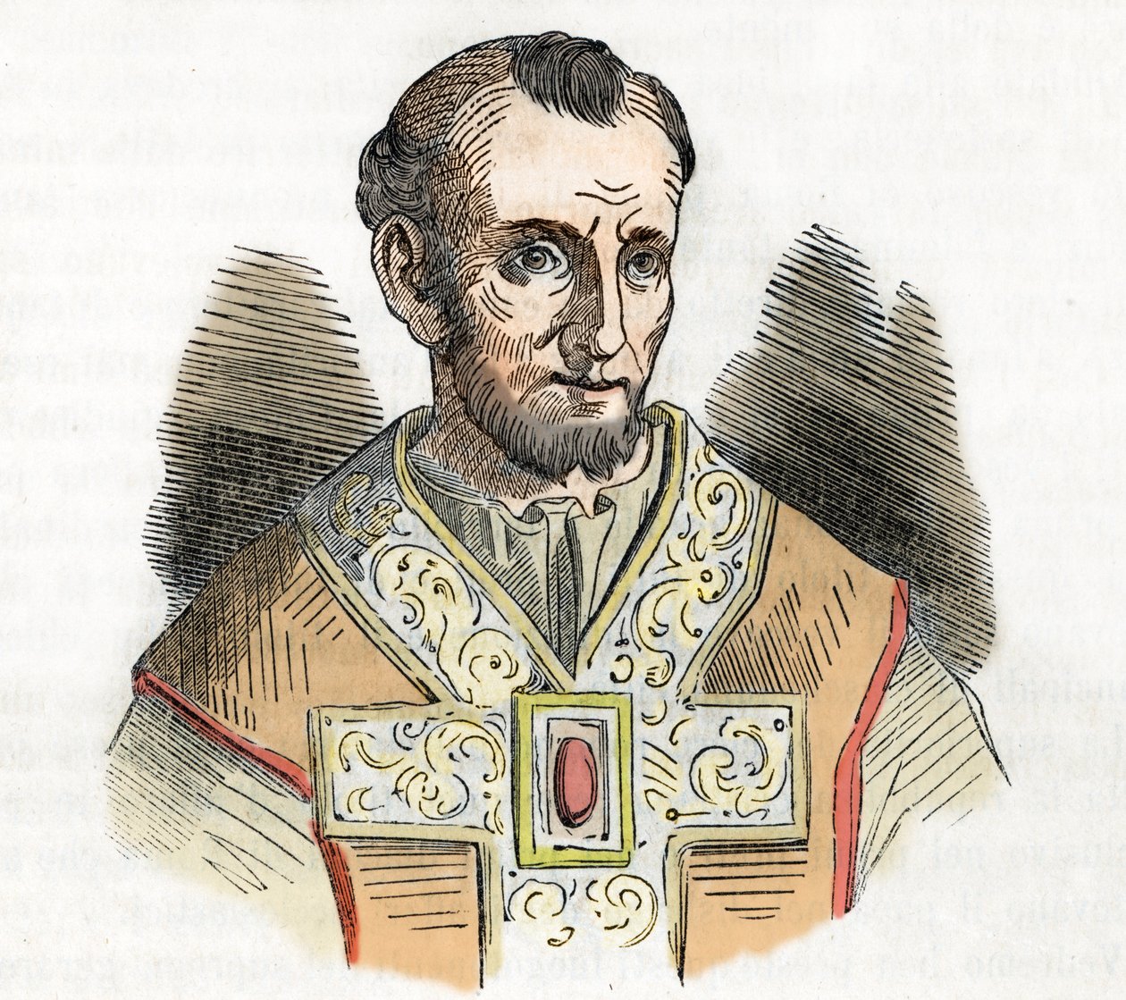 Orta Çağ: Büyük Papa I. Nicholas'ın (Nicola I, Nicholas veya Nicolo veya Niccolo veya Nicolaus) (858-867) temsili, Franco Mistrali'nin 1843 tarihli "I misteri del vaticano" adlı eserinden çizim by Franco Mistrali