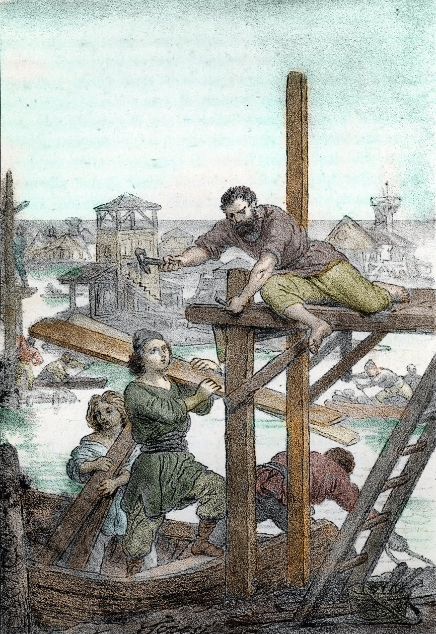 Attila'nın hunları tarafından avlanan sığınaklar Venedik şehrinin temellerini atıyor, 5. yüzyıl (Venedik'in Attila'nın barbarı tarafından avlanan mülteciler tarafından kuruluşu, 5. yüzyıl) Franco Mistrali'nin “I misteri del vaticano” adlı e by Franco Mistrali