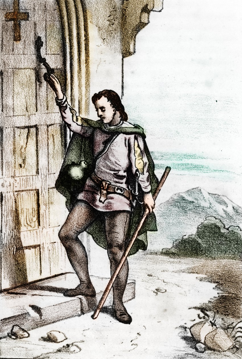 Genç Jerome Savonarole (Girolamo Savonarola) (1452-1498) 1475'te Bologna'daki Santo Domenico'daki Dominik manastırının kapısını çalıyor (Girolamo Savonarola, genç bir adam olarak San Domenico Manastırı'nın kapısını çaldı. keşişler by Franco Mistrali
