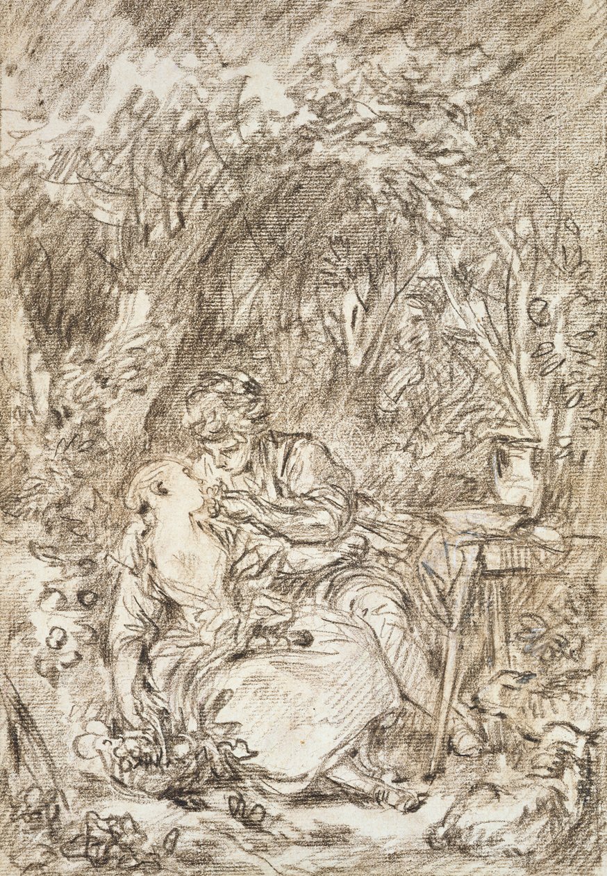 Bir Çift Kucaklayan - Annette ve Lubin (kağıt üzerinde kırmızı tebeşir) by François Boucher