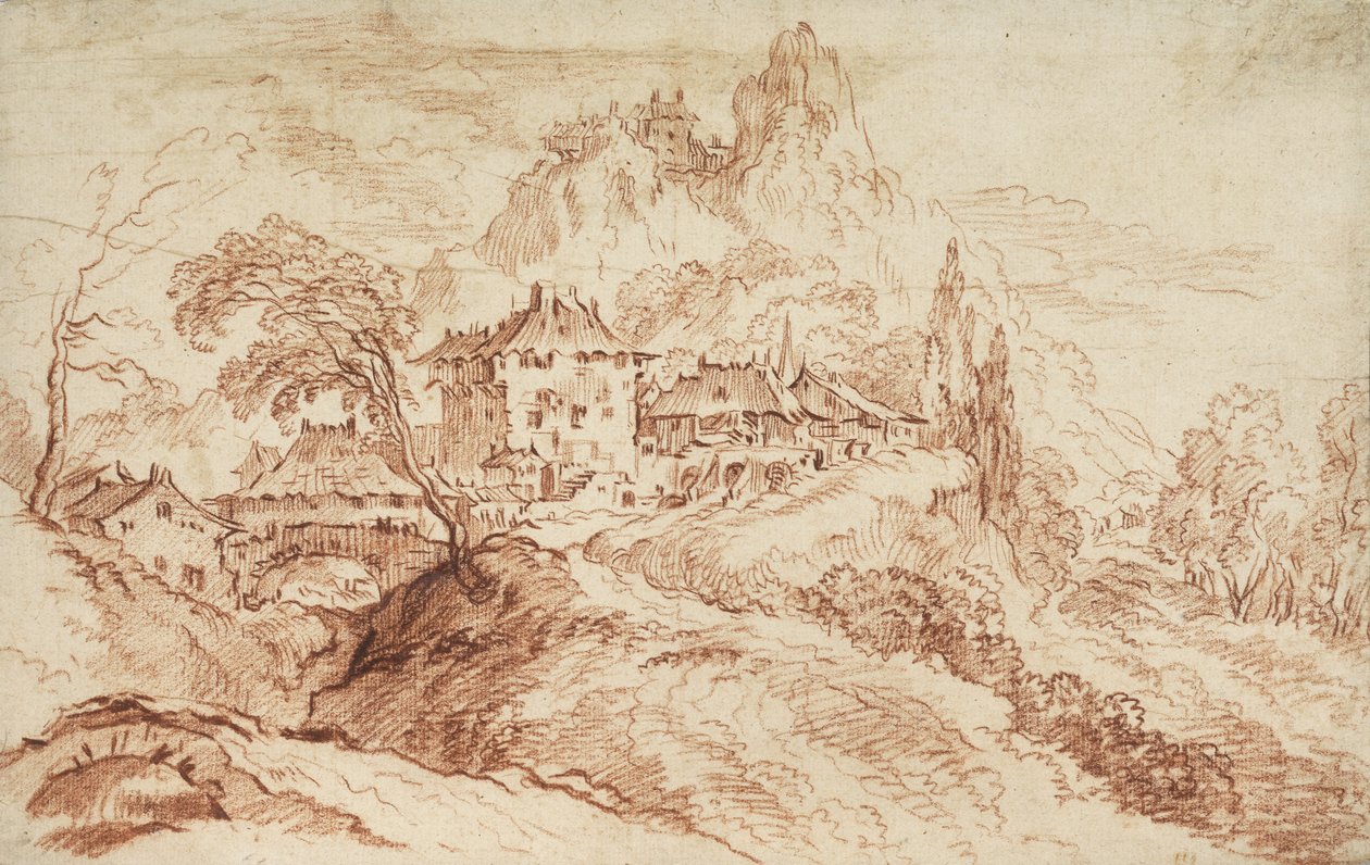 Dağlık bir arazide bir İtalyan köyü (kağıt üzerinde kırmızı tebeşir) by François Boucher
