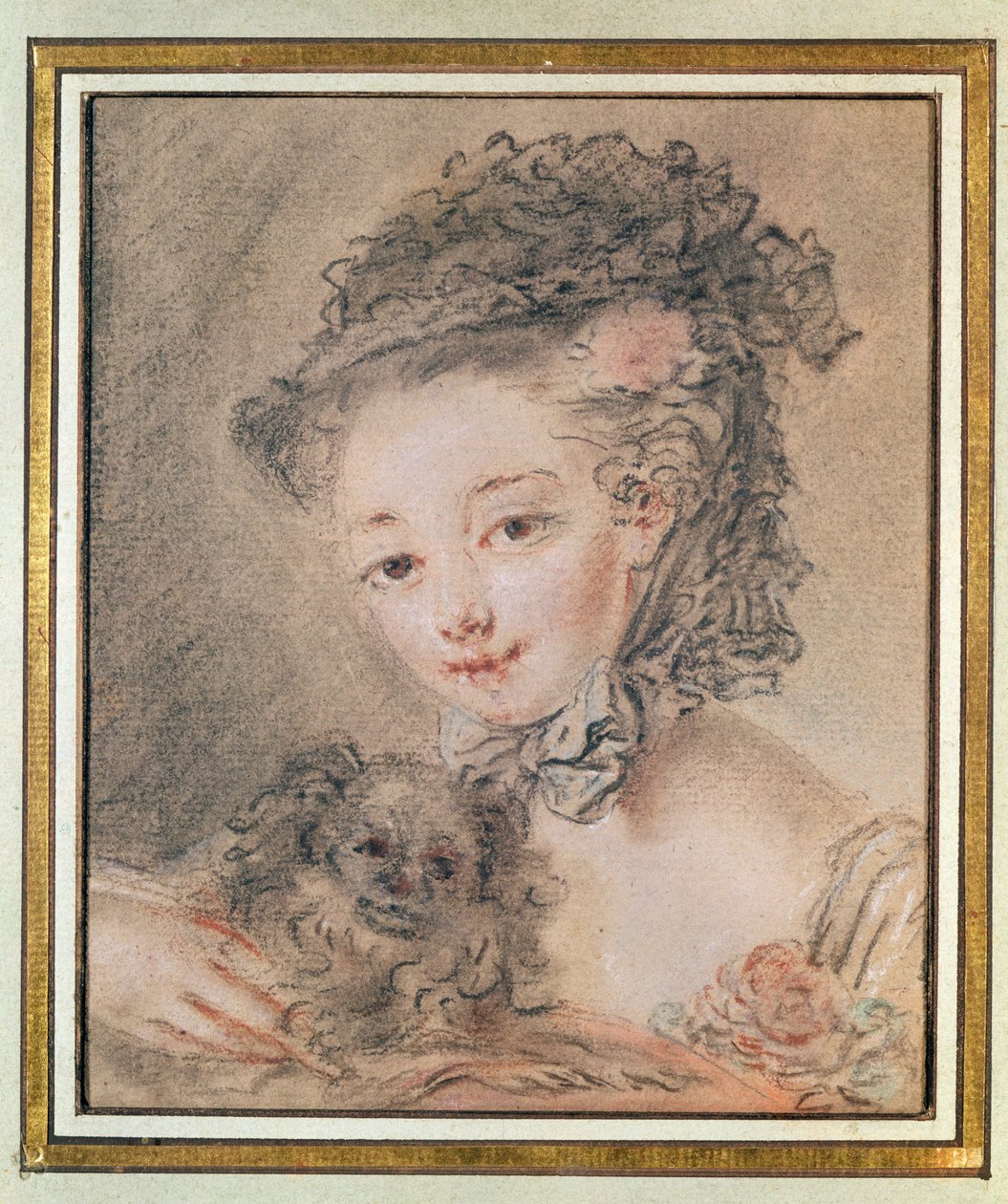 Young Girl with a Small Dog (charcoal und red chalk on paper) by François Boucher