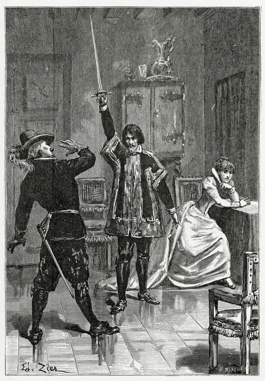Ruy Blas, Don Salluste ile yüzleşiyor, 19. Yüzyıl (bw gravürü) by Francois Edouard Zier