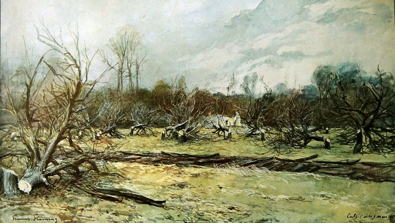 Kırsal alanlarda harap bir meyve bahçesi by Francois Flameng