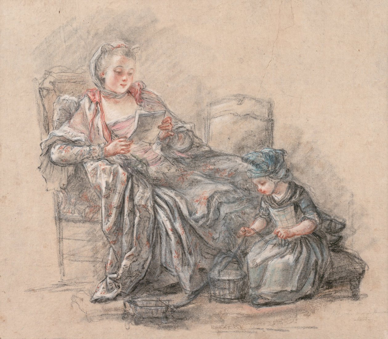 Okuyan Kadın ve Oynayan Bir Kız (muhtemelen Marquise de Pompadour ve kızı Alexandrine), 1748 by Francois Guérin