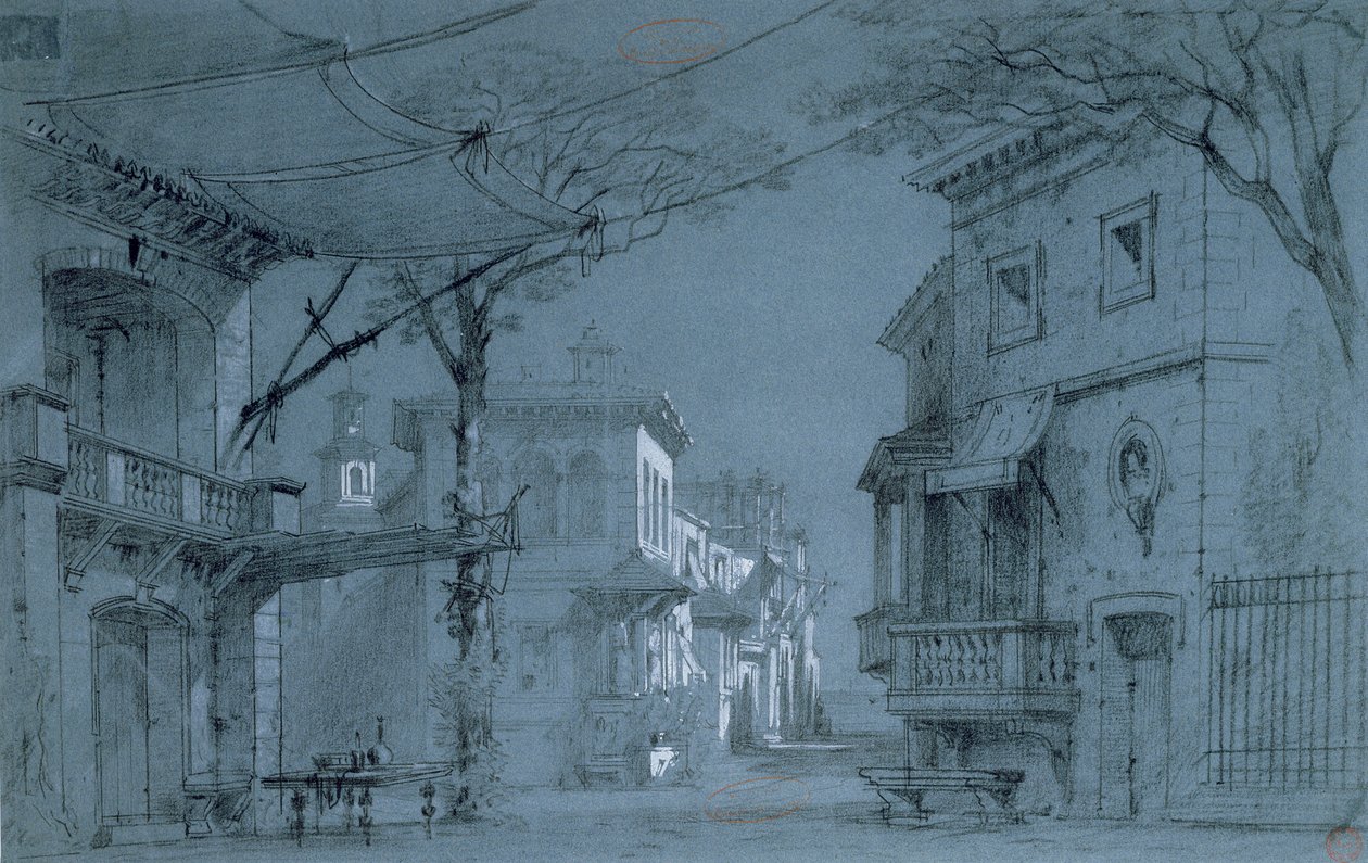 Alfred de Musset (1810-1857) tarafından Les Caprices de Marianne seti için tasarım (mavi kağıt üzerine kalem, mürekkep ve pastel boya) by Francois J. and Rube, Auguste A. Nolau