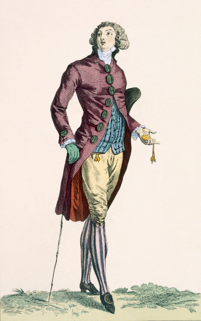 Baquoi tarafından oyulmuş, üzeri kapalı düğmeli ezilmiş kadife kıyafet giyen cesur bir genç adam, 'Galeries des Modes et Costumes Francais'den 279 numaralı plaka, c.1778-87 by Francois Louis Joseph Watteau