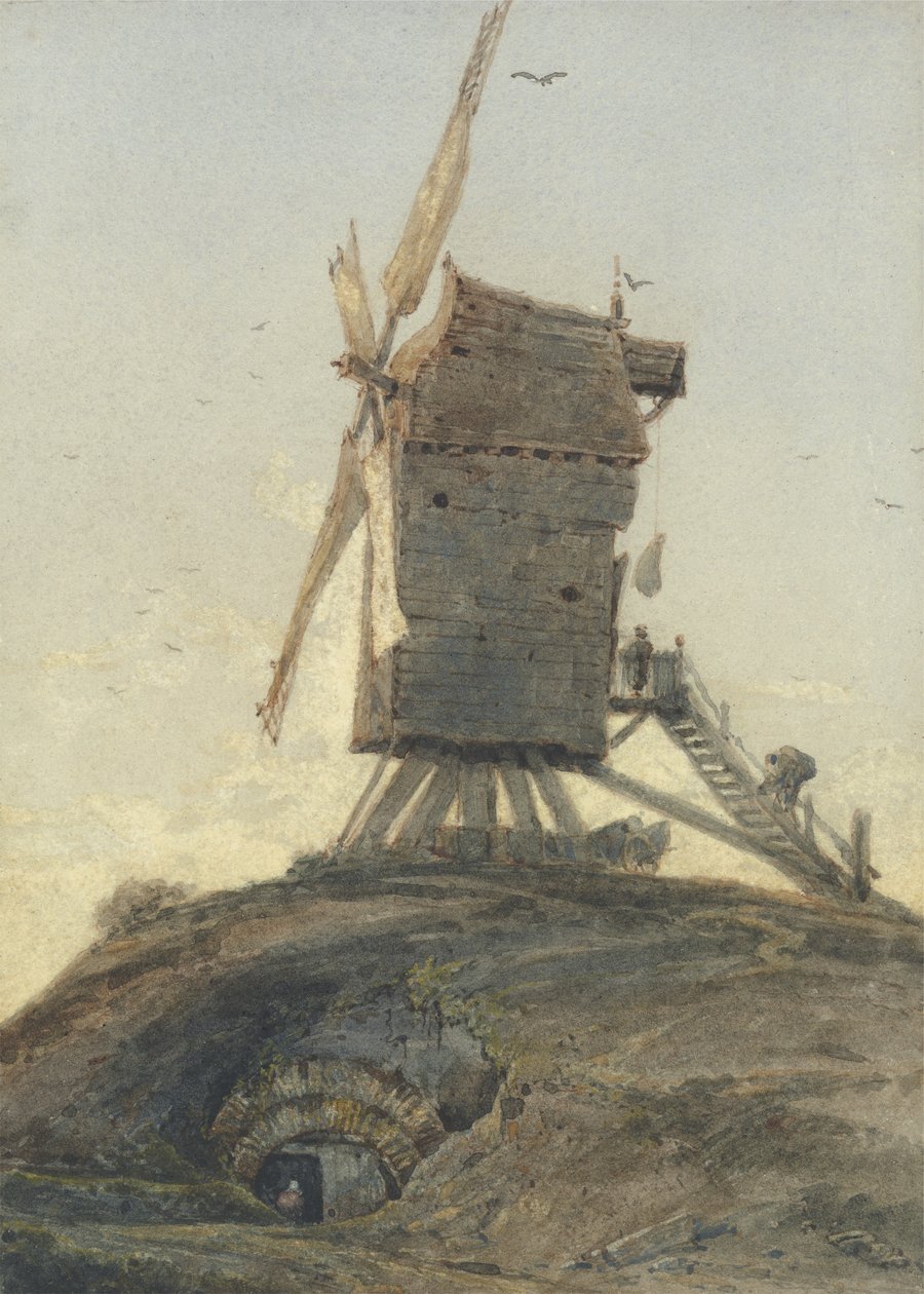 Manzaradaki Tepede Yel Değirmeni (kağıt üzerinde gövde rengi ile klozet) by Francois Louis Thomas Francia