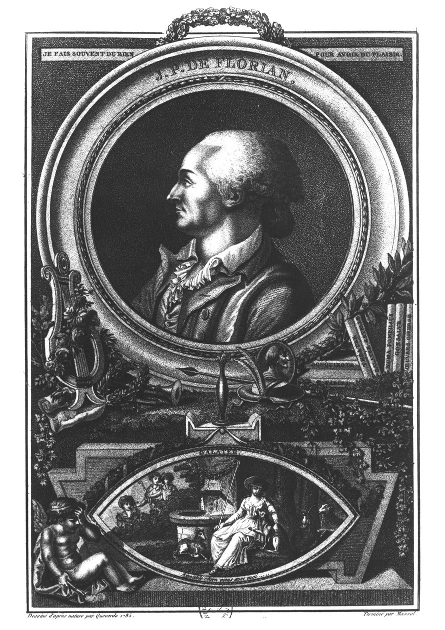 Jean-Pierre Claris de Florian (1755-94), Massol tarafından oyulmuş, 1785 by Francois Maria Isidore Queverdo