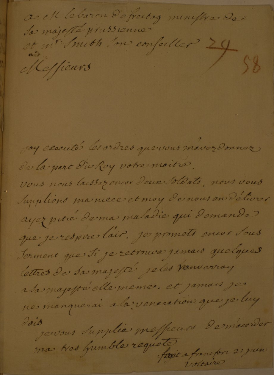 31 Haziran 1753 Hapishaneden tahliye dilekçesi by Francois Marie Arouet Voltaire