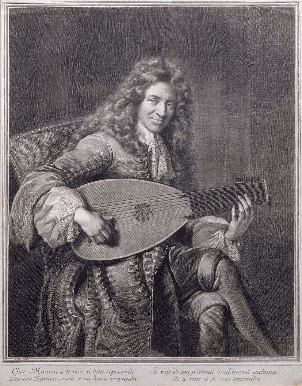 Gerard Edelinck (1640-1707) tarafından oyulmuş ud çalan Mouton portresi by Jean François de Troy