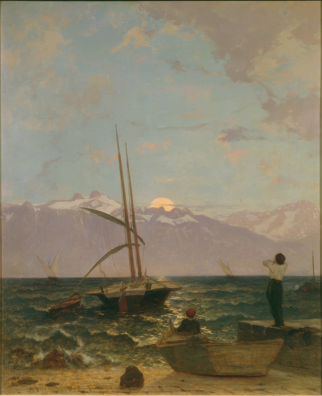 Cenevre Gölü üzerinde ay doğuşu by Francois-Louis-David Bocion