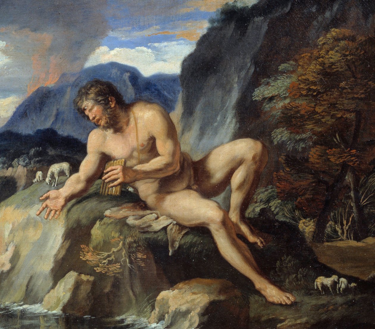 Pan flütlü Tepegöz Polypheme, “” Acis ve Galatee” detayı”” Perisi Galatee ve Acis, pastoral aşklarını kıskanan Cyclops Polypheme tarafından gözlemlenir. Ovid