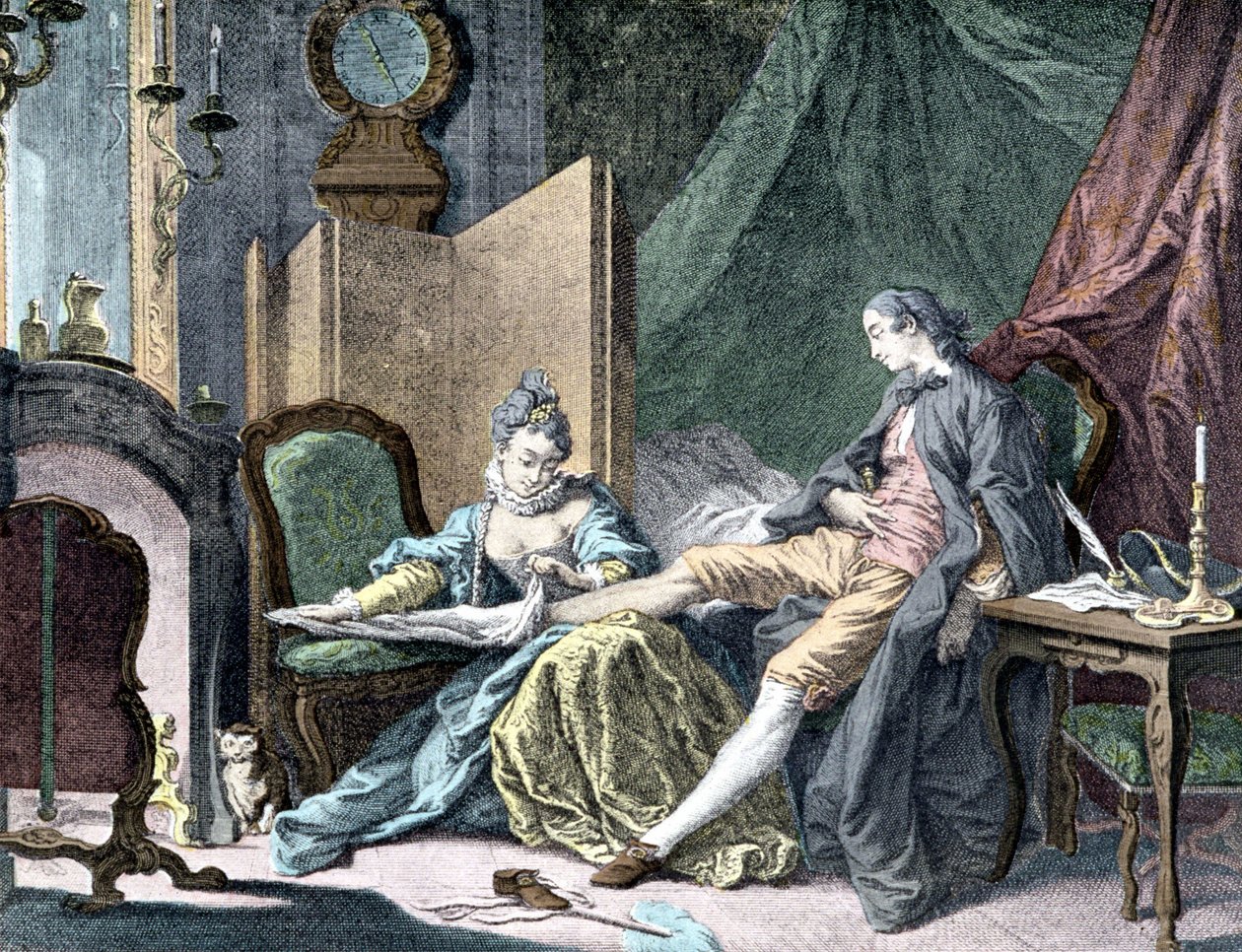 La Courtesan amoureuse: Bir erkeğin altını çıkaran kadın - ap tarafından gravür. Kasap by Francois (after) Boucher