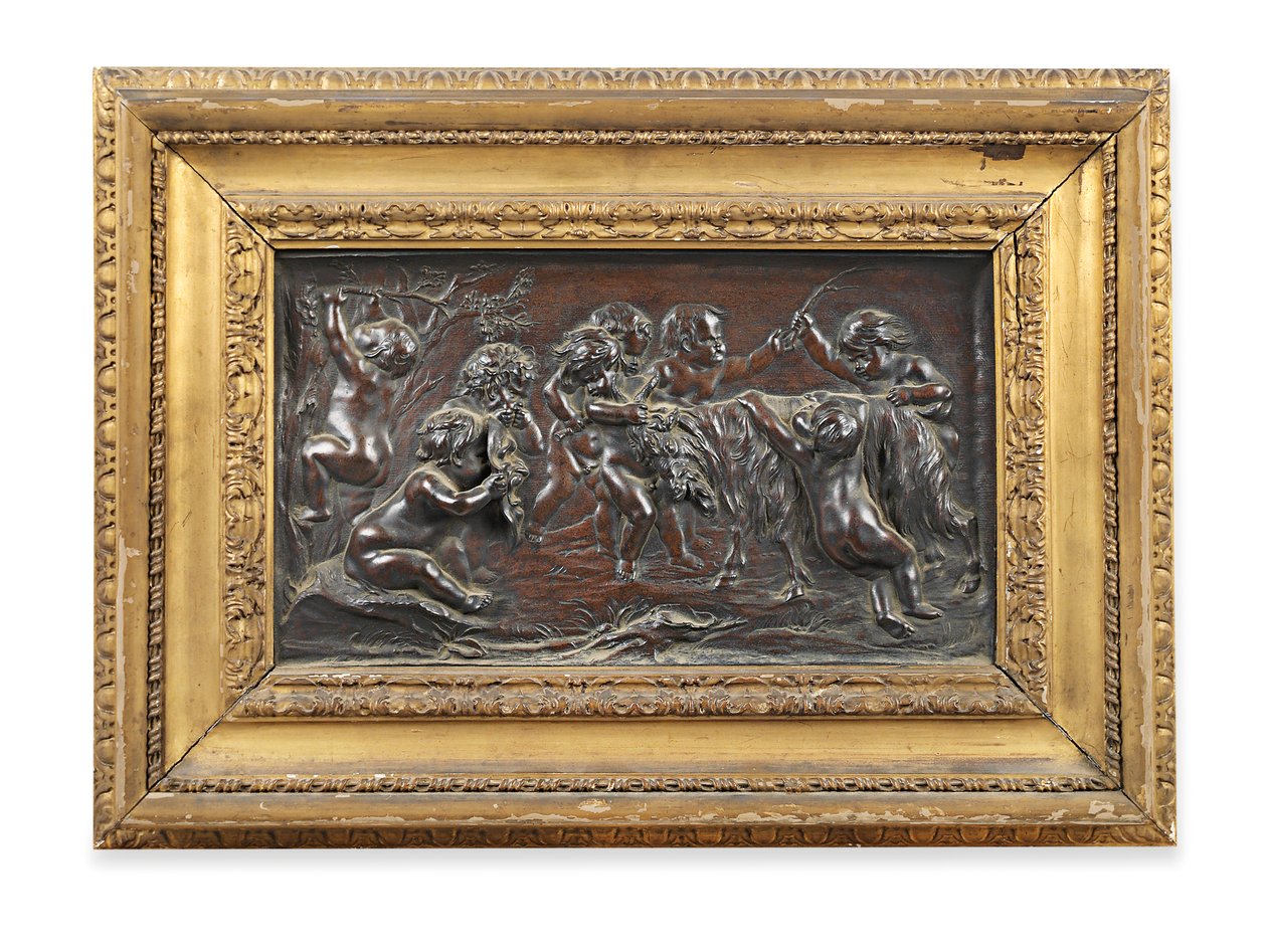 Bir Keçi ile Oynayan Bakkanal Bebeklerin Dikdörtgen Bronz Rölyefi by Francois (after) Duquesnoy